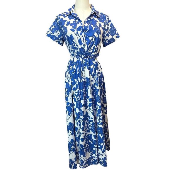 NWT Aakaa Anthropologie Small Side Cutout Blue White Maxi Artsy Festive Dress - Picture 1 of 16
